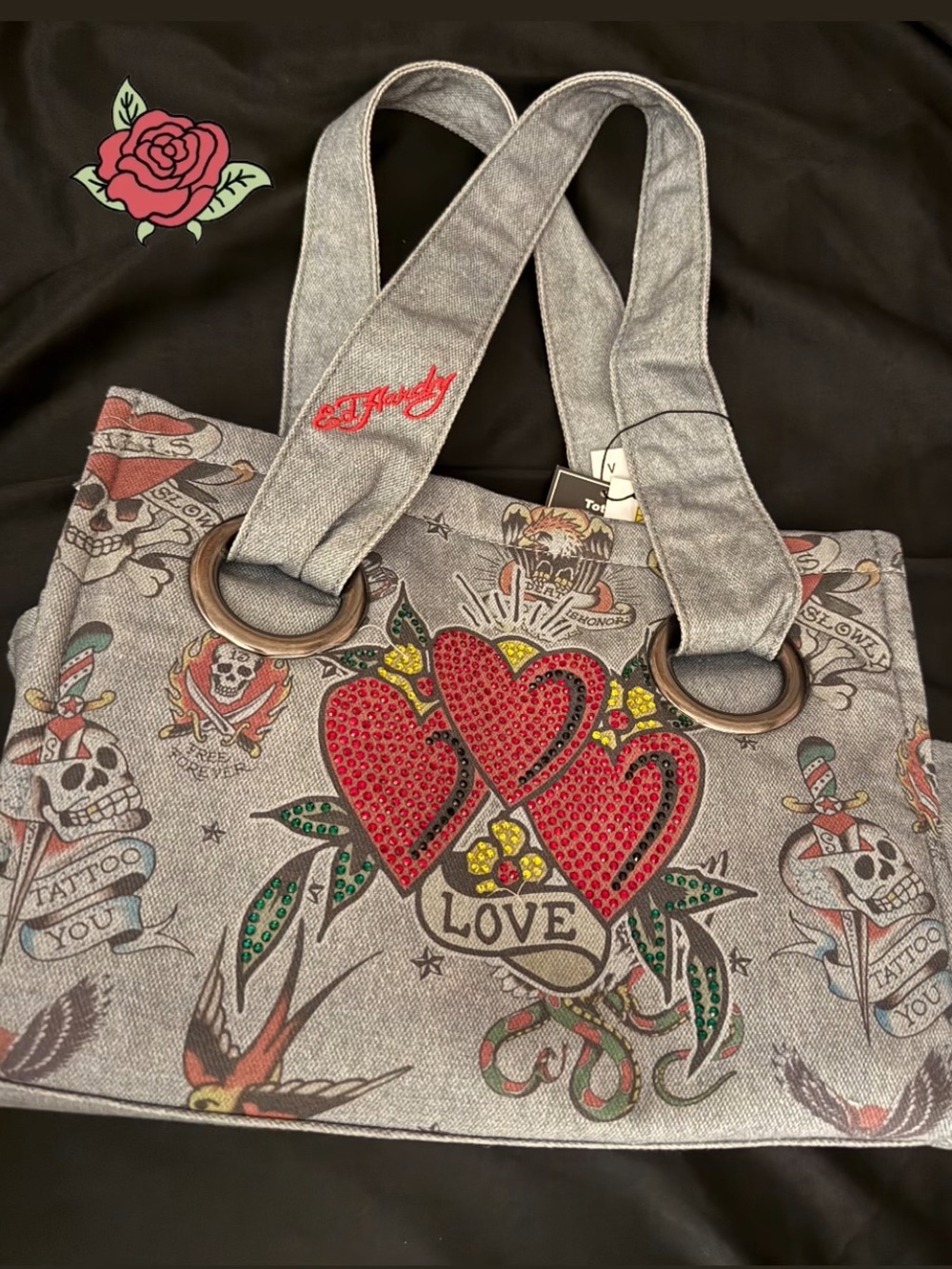 Ed Hardy Grey Tote with Red Crystal Heart Motif